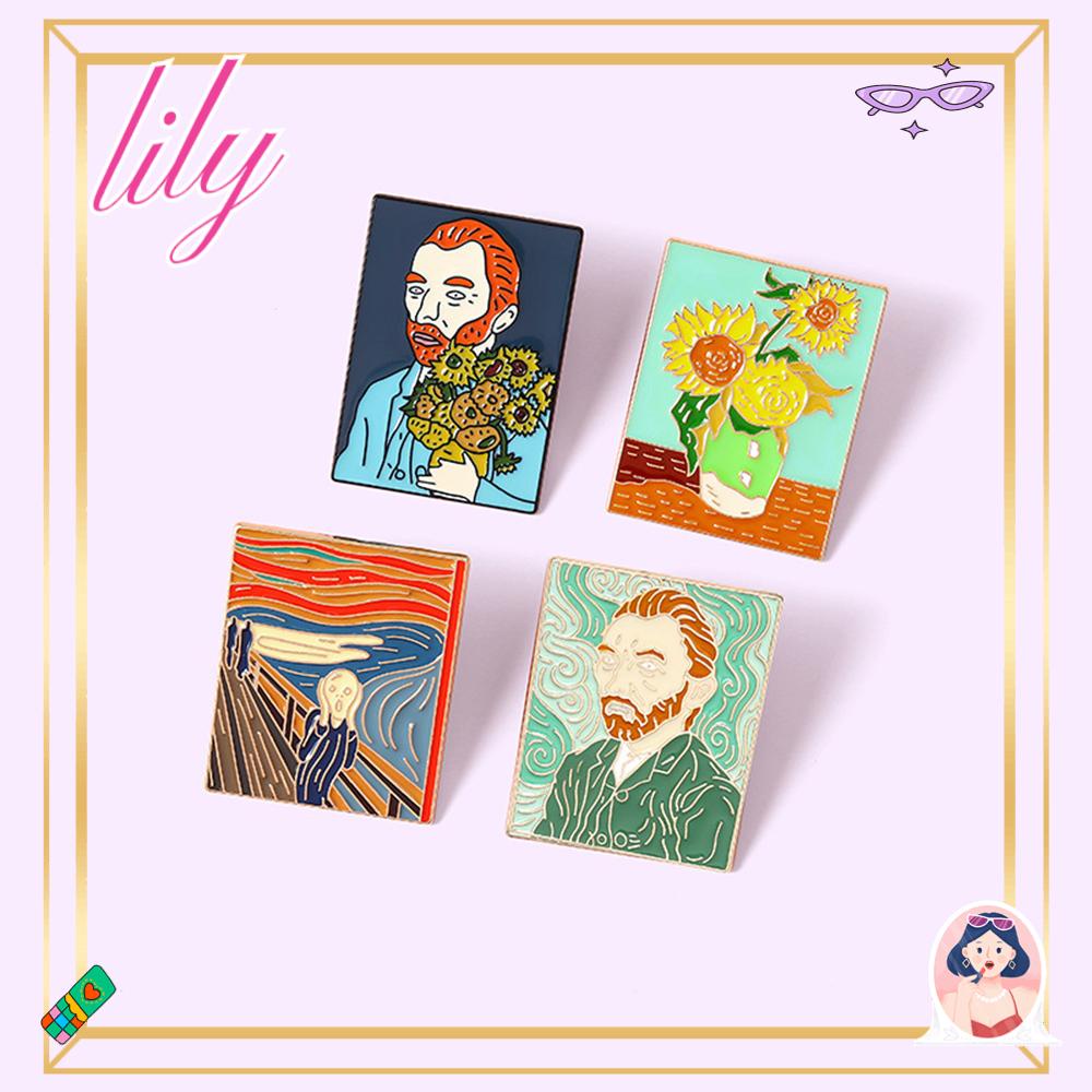 Lily Van Gogh Bros Bunga Matahari Alloy Perhiasan Bros Lukisan Enamel Lencana