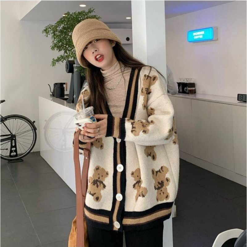 IMPORT GOM WOMAN KNIT CARDIGAN 7OVERSIZED KARDIGAN RAJUT WANITA MOTIF BERUANG KOREA