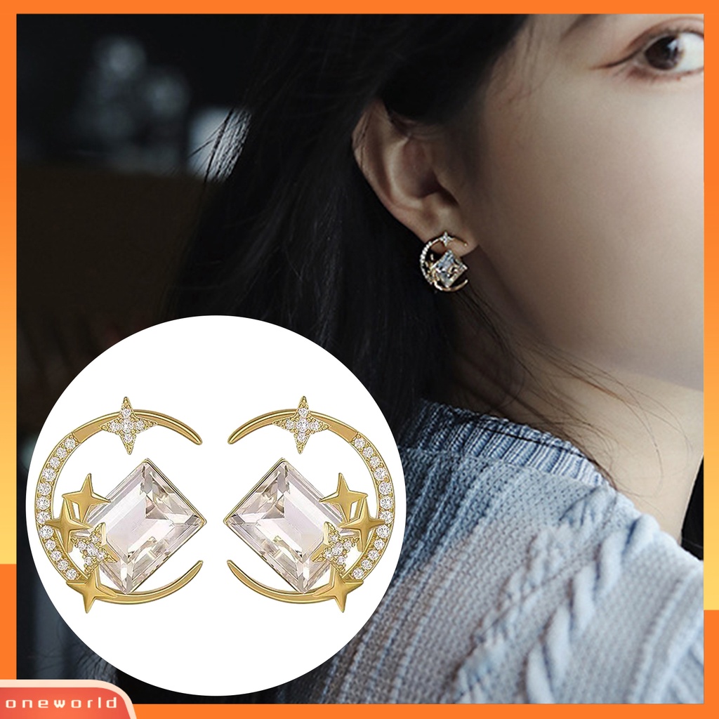 [EONE] 1pasang Ear Studs Sparkling Gaya Korea Anti-Oksidasi Friendly Terhadap Kulit Tidak Iritasi Hias Alloy Wanita Bintang Bulan Stud Earrings Perhiasan Dekor Untuk Lady