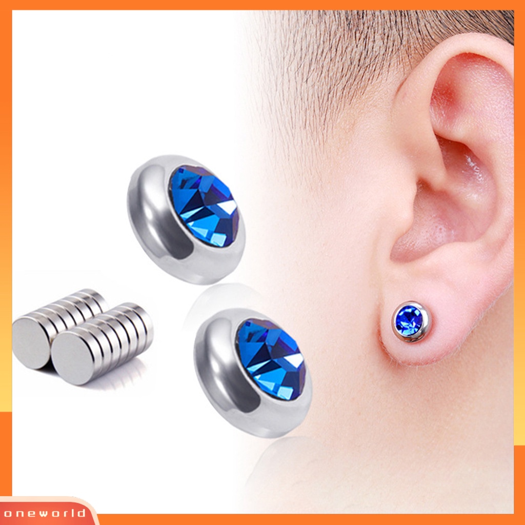 [EONE] 1pasang Ear Studs Non-Piercing ic Stainless Steel Bulat Berwarna Berlian Imitasi Tertanam Pria Wanita Anting-Anting Fashion Perhiasan