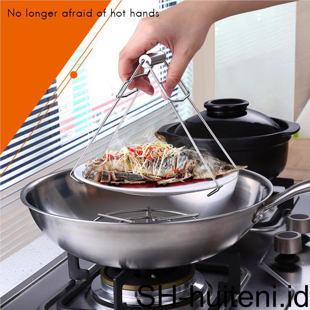 1pcs Dapur Stainless Steel Panci Wajan Piring Mangkok Klip Lipat Piring Piring Clip Tong Kitchen Clamp Gripper Alat Masak