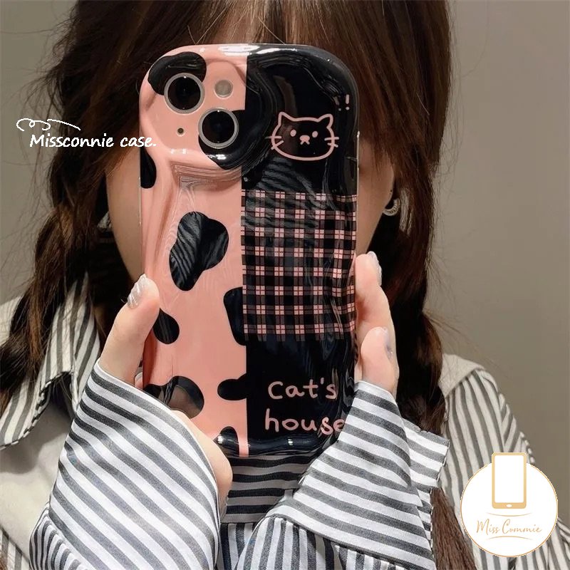 Leopard Kotak-Kotak Shockproof Case Kompatibel Untuk IPhone 7Plus XR 14 13 11 12 Pro Max 6s 6 7 8 Plus X XS Max SE 2020 Kucing Lucu 3D Wavy Curved Edge Glossy Airbag Soft Cover