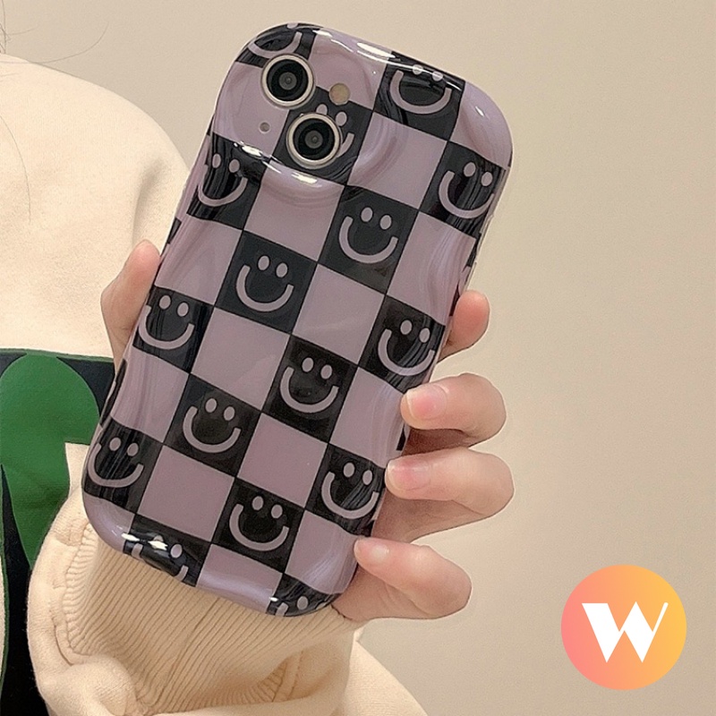 Casing Checkerboard 3D Wavy Curved Edge Kompatibel Untuk iPhone 7Plus 8Plus 11 14 13 12 Pro Max X7 8 6s 6 Plus XR XS Max SE 2020 Smiley Lucu Lembut Airabg Shockproof Glossy Cover