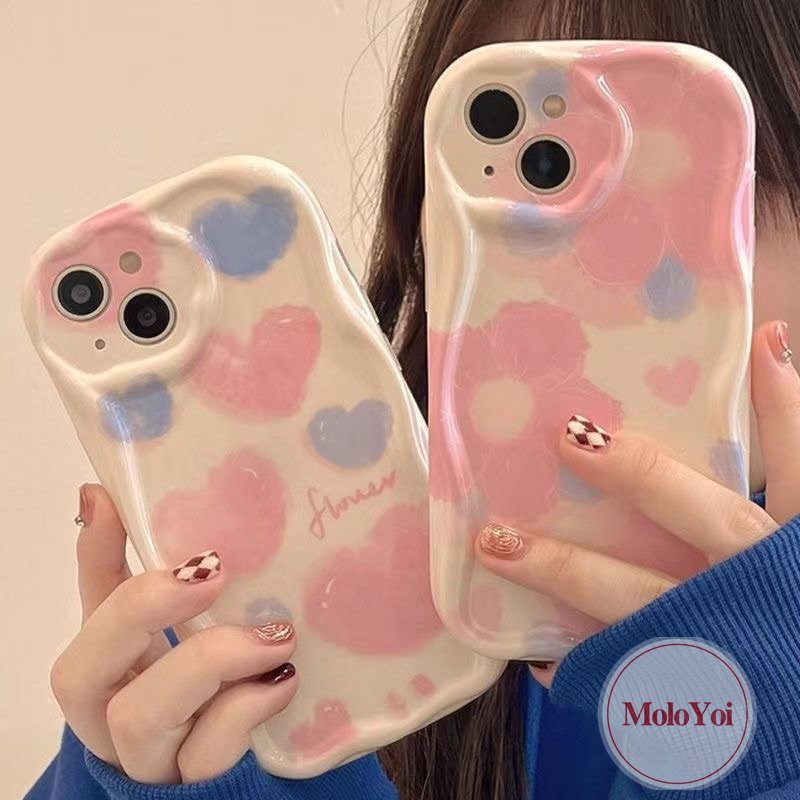 IPHONE Shockproof Case Kompatibel Untuk Iphone11 14 13 12 Pro Max 7Plus XR 6s 6 7 8 Plus X XS Max SE 2020 Ins Tinta Cinta Hati Bunga 3D Wavy Curved Edge Glossy Airbag Soft Cover