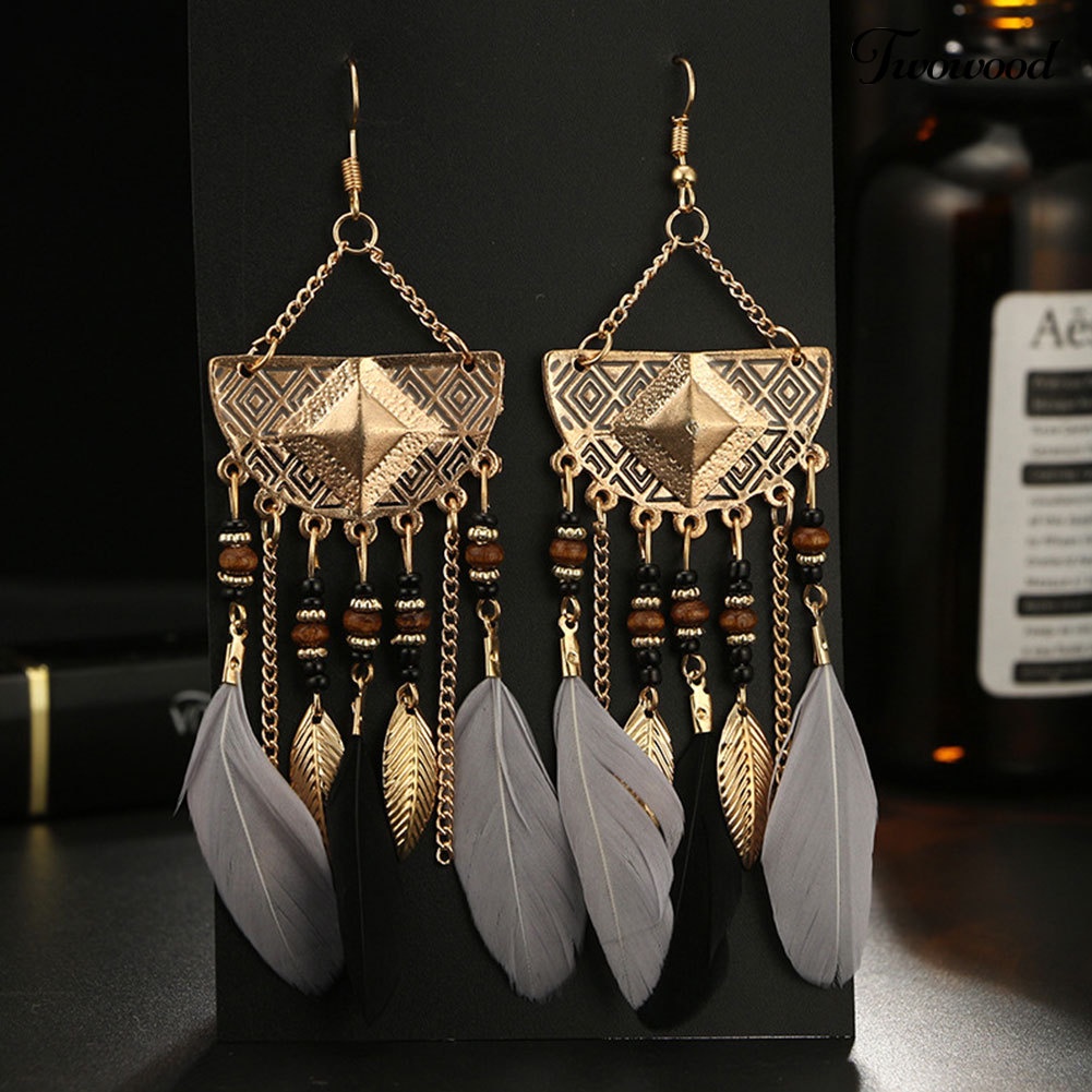 Twowood Boho Geometris Bentuk Kipas Rumbai Manik-Manik Bulu Anting Statement Lady Ear Hooks