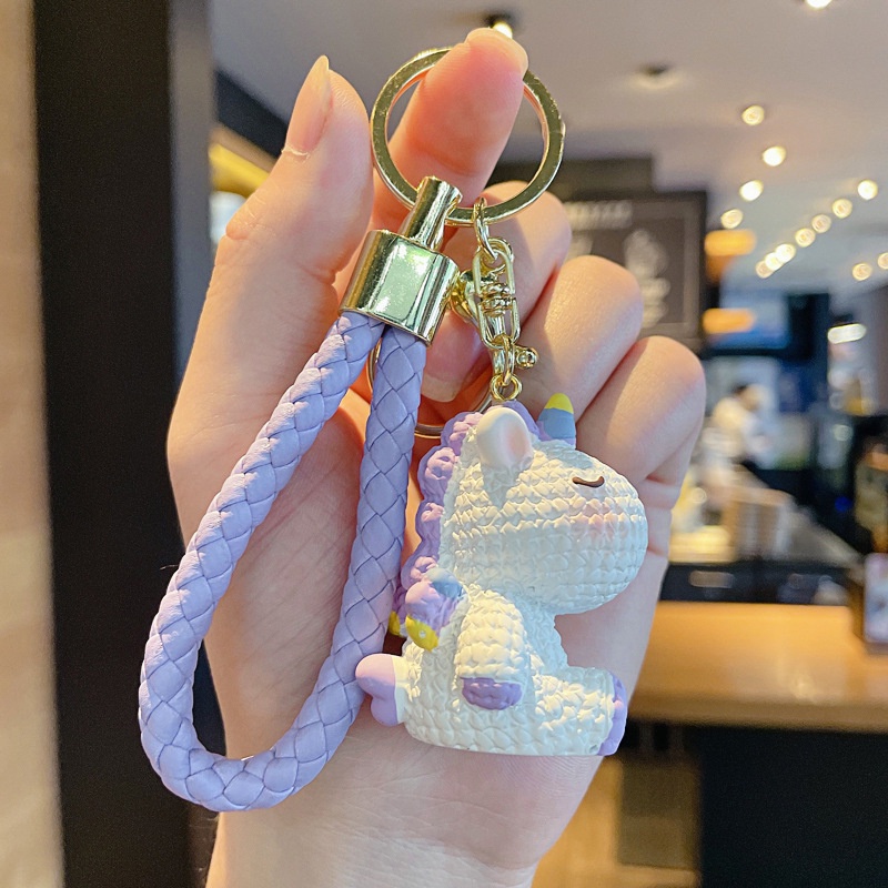 Hadiah Lucu 3D Pola Rajut Kartun Unicorn Magic Kepang Hewan PU Tali Kulit Gantungan Kunci Mobil Rumah Gantungan Kunci Tas Telepon Case Bluetooth Earphone Cover DIY Liontin