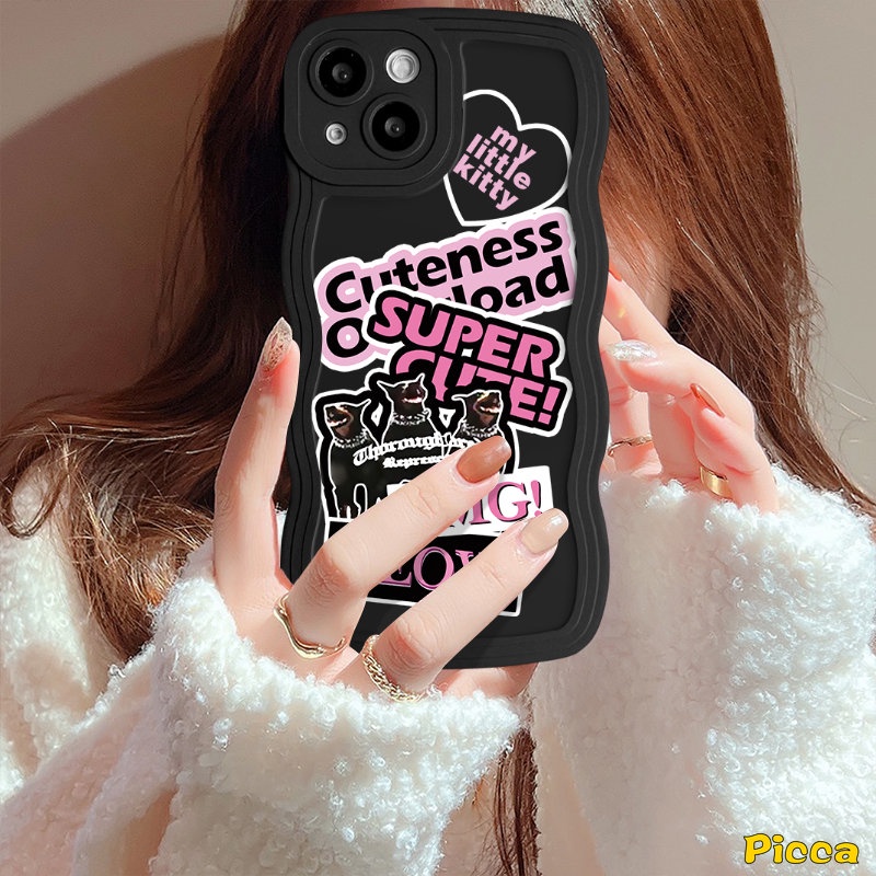 Untuk Redmi Note 10s 11s 9s 8 9 11 10 Pro Redmi 12C A1 9 10 10A 10C 9A 9T 9C A1+POCO M3 X3 NFC Pro Mi 11T Pro Ins Trendy Keren Stiker Label Kartun Kucing Anjing Lembut Tpu Case Wavy Edge