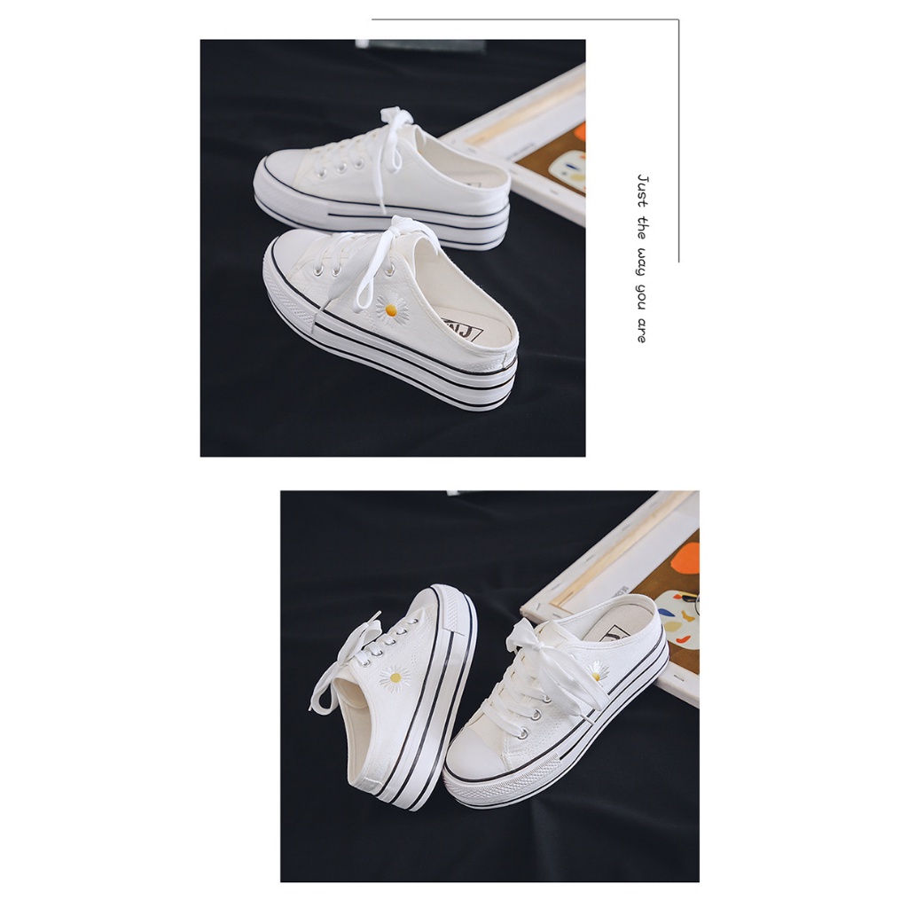 ❀ Chingu ❀ SEP031 (Tanpa Kotak) Sepatu Sneakers Wanita Setengah Motif Bunga Daisy Sporty Bahan Kanvas Model Korea Fashion Casual Sport Olahraga Import COD