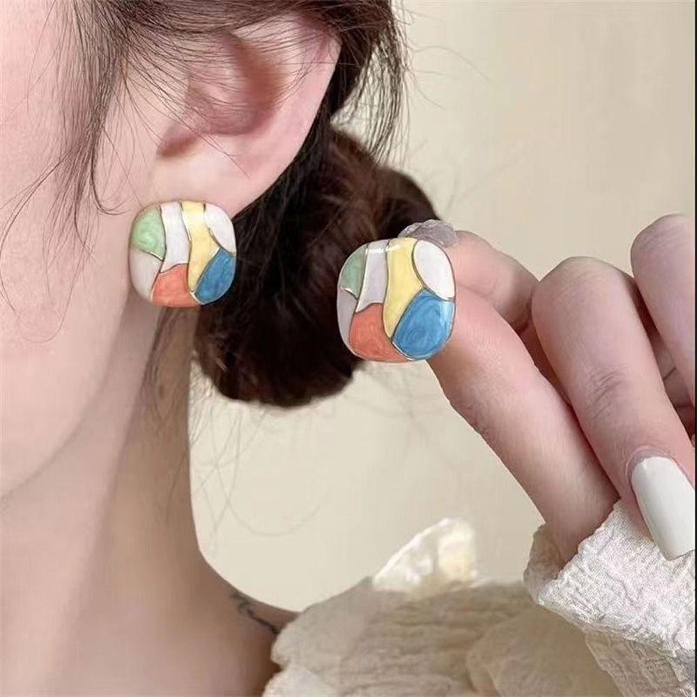 Mxbeauty Wanita Anting Persegi Temperamen Retro Sederhana Menetes Minyak Trendi Niche Desain Fashion Perhiasan Warna Kontras Anting Gaya Korea