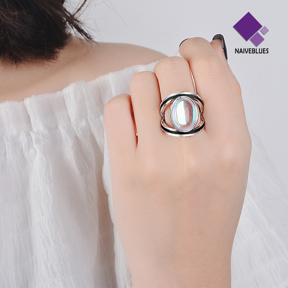 &lt; Naiveblues &gt; Fashion Wanita Oval Besar Multicolor Faux Moonstone Finger Ring Decor Gift