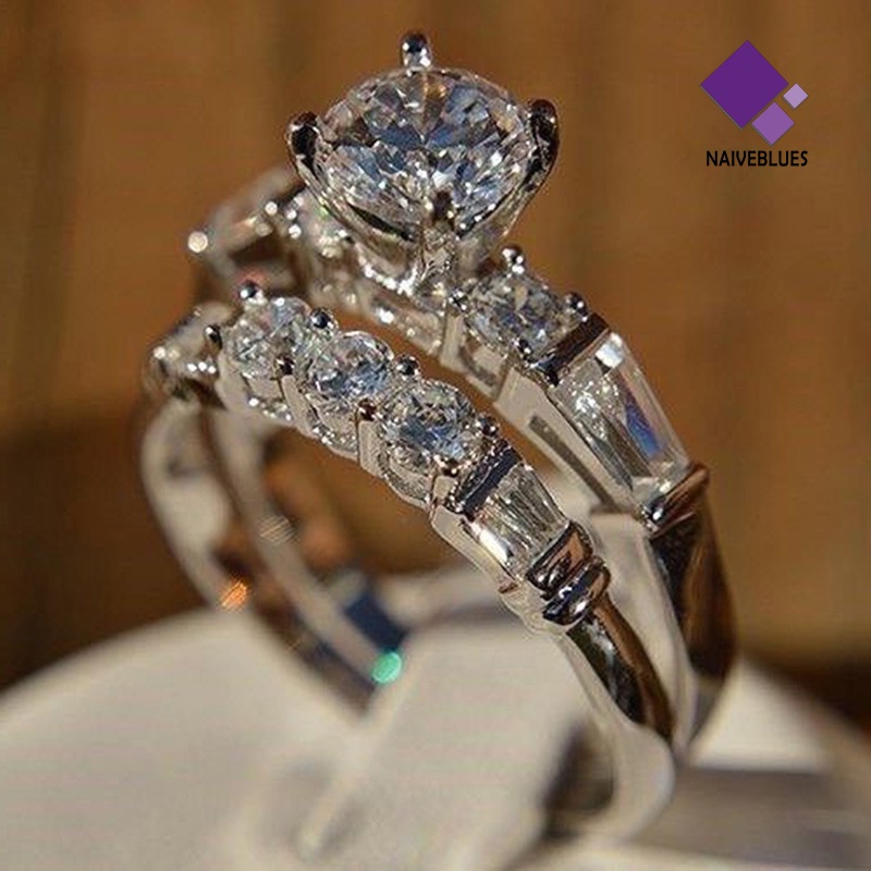 &lt; Naiveblues &gt; 2Pcs/Set Shiny Cubic Zirconia Hias Wanita Pernikahan Cincin Perhiasan Hadiah