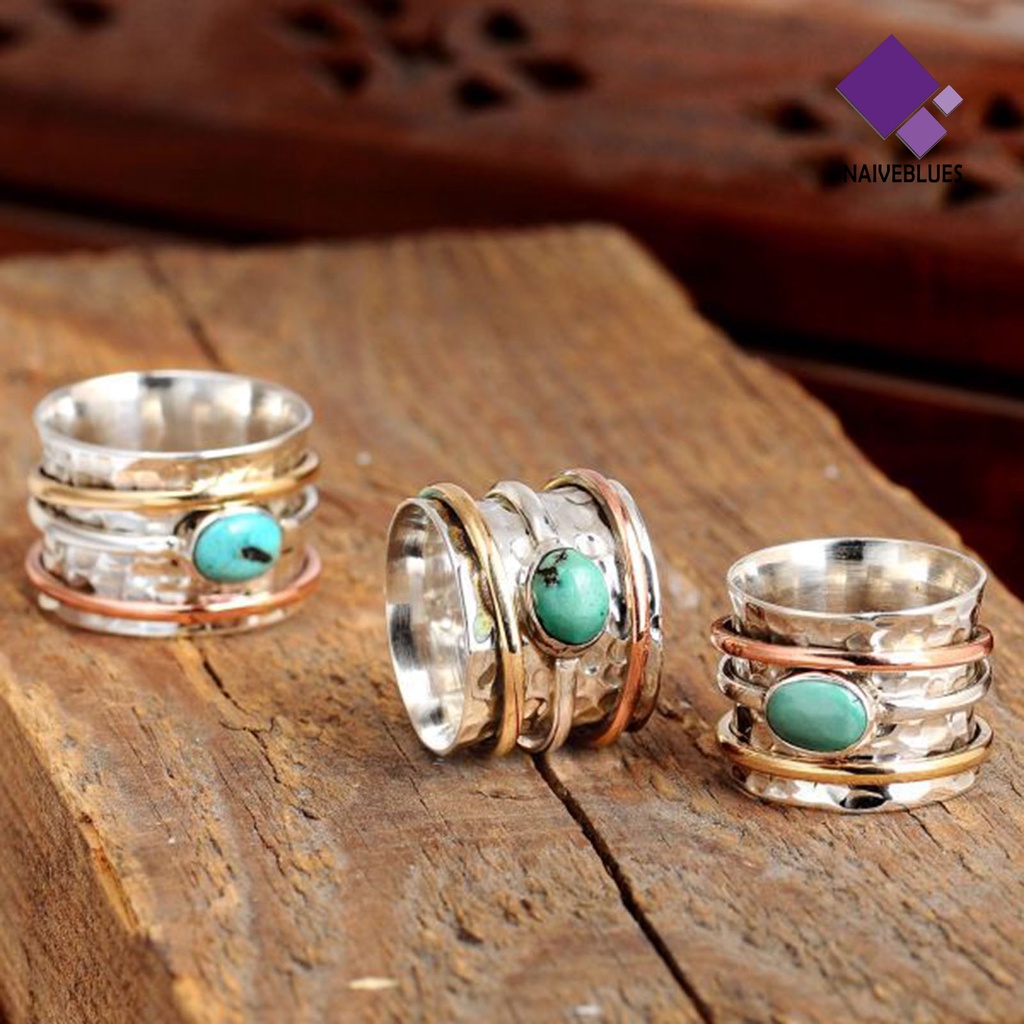 &lt; Naiveblues &gt; Cincin Pria Bohemian Vintage Hias Turquoises Jari Tiga Warna Untuk Pacaran