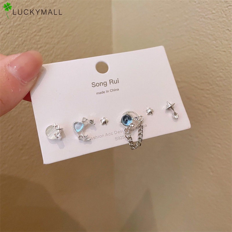 6 Pcs Fashion Opal Planet Hati Bintang Anting Set Untuk Wanita Hypoallergenic Korea Perak Stud Earring Perhiasan Aksesoris