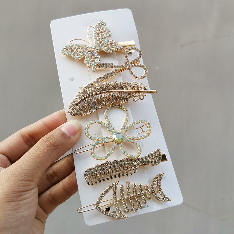 Fishbone Hairpin 6-Piece Set Aksesoris Rambut Vintage Set Dengan Diamond Pearl Edge Clip Bebek Paruh Clip - SG