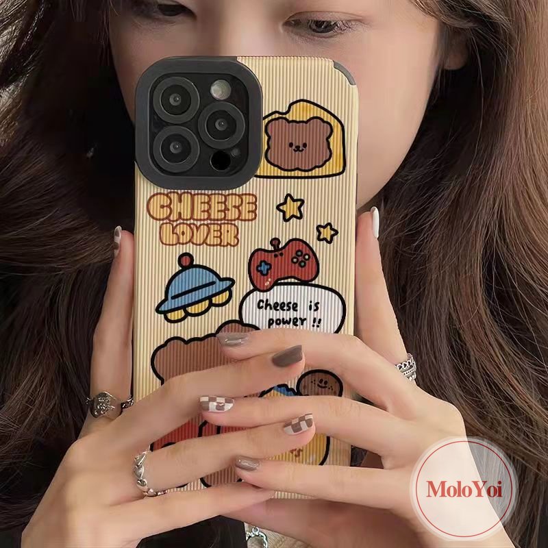 Ins Lucu Kartun Beruang Ponsel Case Kompatibel Untuk IPhone 11 Pro Max 7Plus XR X XS Max7 8 Plus 11 13 12 14 Pro Max Silikon Lembut Shockproof Mewah Tekstur Kulit Tpu Cover