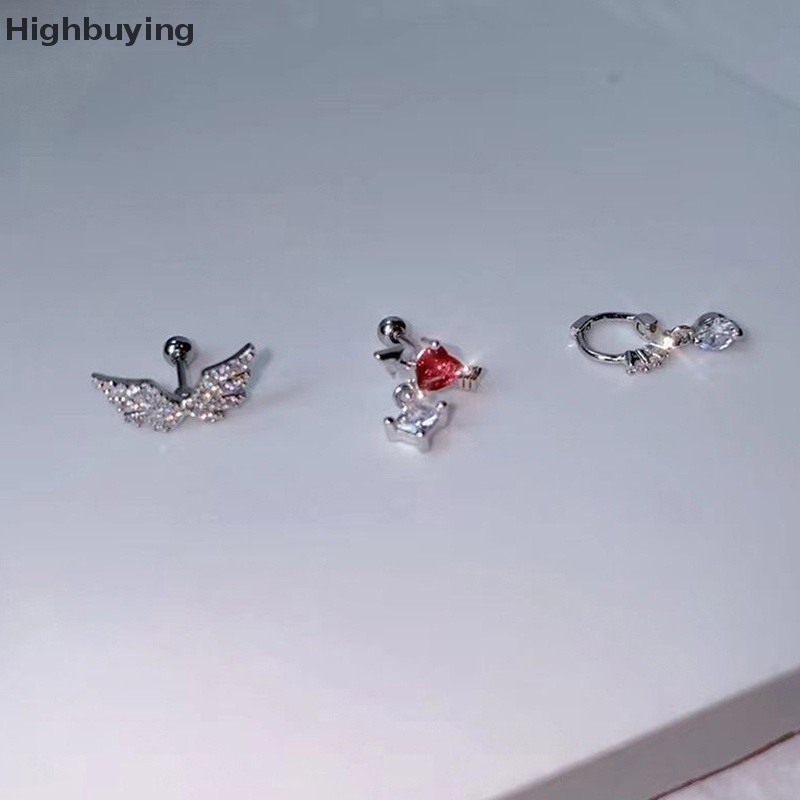 Hbid 1Pcs Lucu Manis Sayap Merah Muda Hati Zirkonia Anting Pejantan Untuk Wanita Perempuan Anti Karat Helix Tulang Rawan Anting Telinga Perhiasan Glory