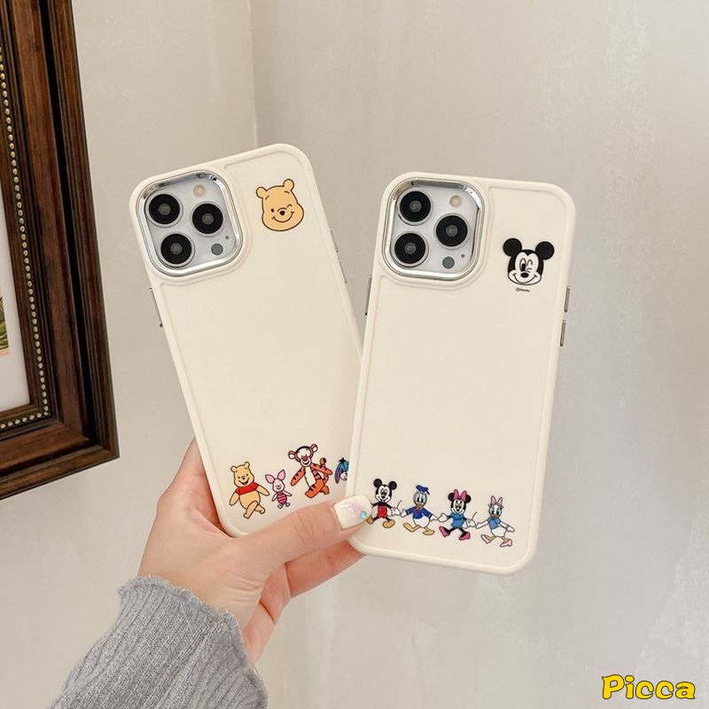 Caroon Disney Mickey Minnie Mouse Case Kompatibel Untuk IPhone 14 11 12 13 Pro MAX X XR 7 8 Plus XS MAX Lucu Winnie The Pooh Bear Pasangan Mewah Plating Bingkai Lensa Metal Soft Cover