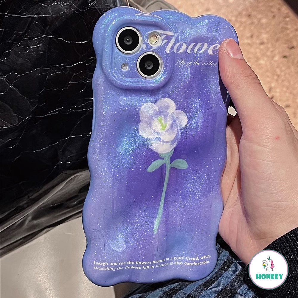 IPHONE Ins Luxury Glitter Art Rose Floral Case Kompatibel Dengan Iphone11 12 13 14 Pro Max Ungu Biru Lipit Kulit Shockproof Back Cover