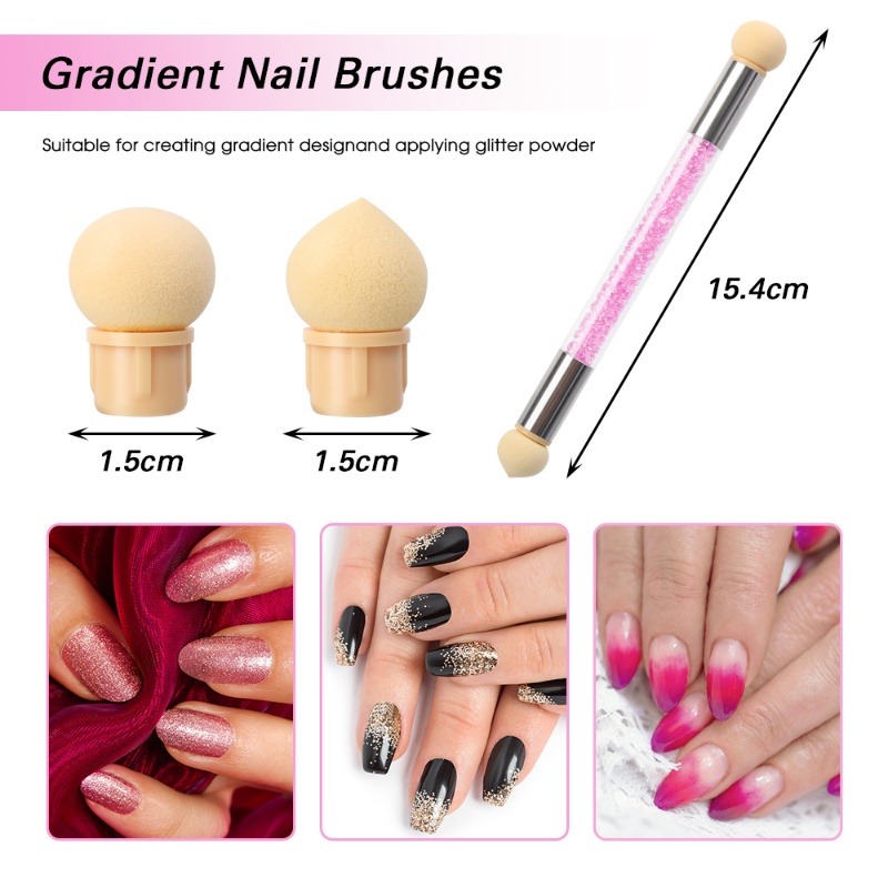 Pena Spons Gradiasi Kepala Ganda/Nail Art Brushes Pen/Acrylic Gel Glitter Powder Picking Dotting Tools Perlengkapan Manicure