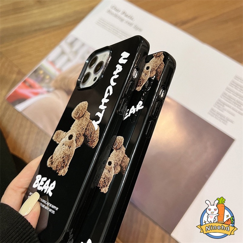 IPHONE Casing Kompatibel Untuk Iphone14 13 12 11 Pro Max X Xr Xs Max8 7 6 6s Plus SE 2020 Pasang Merek Teddy Bear Hitam Mengkilap Casing Ponsel Pelindung Lensa Shock Resistant Silicone Soft Case