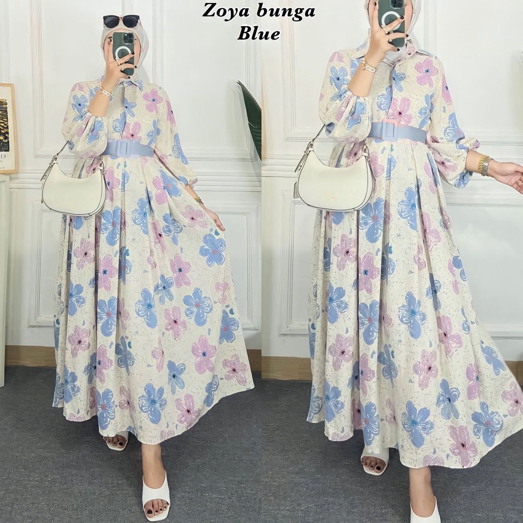 Zoyya Bunga Dress Wanita Crinkle Airflow Premium Gamis Terbaru Lengan Balon Panjang Baju Muslim Polos Kekinian LD 110 cm