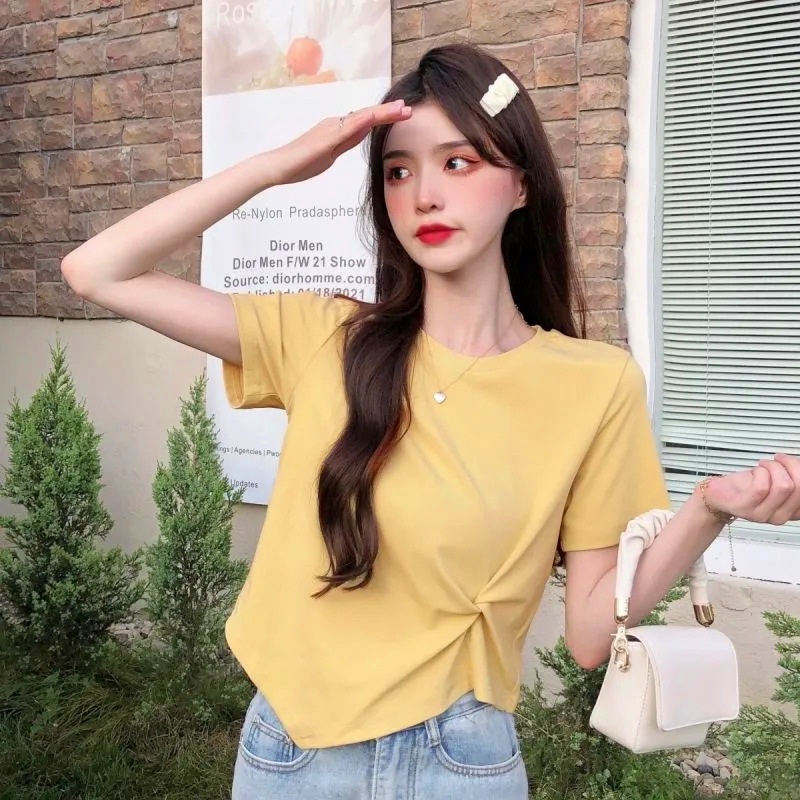 DSM Kaos Polos Wanita Lengan Pendek 6782 T-Shirt Women Short Sleeve Twisted Atasan Crop Top Wanita Serut Samping Ala Korea Murah