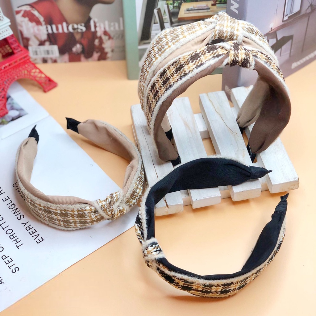 Bando Korea Lebar 5cm Bahan Bludru Motif Kotak Bando Simpul Model Tweed Korean Velvet