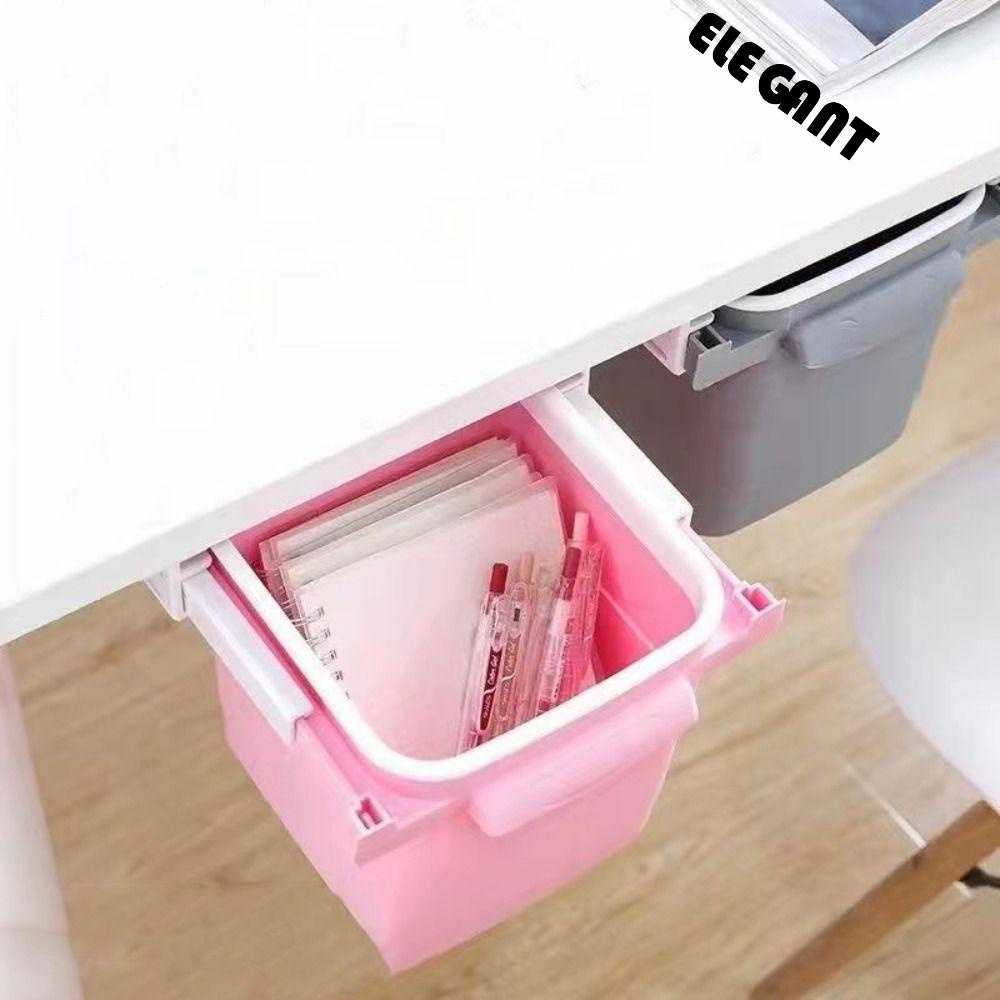 [Elegan] Dustbin Alat Pembersih Bawah Meja Plastik Portable Push-Pull Adhesive Waste Bin