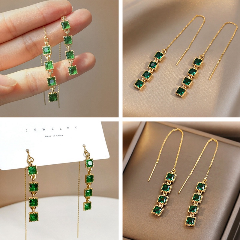 Wanita Kawat Anting Gantung Persegi Hijau Cubic Zircon Earrings Untuk Pesta Pernikahan Korea Fashion Perhiasan