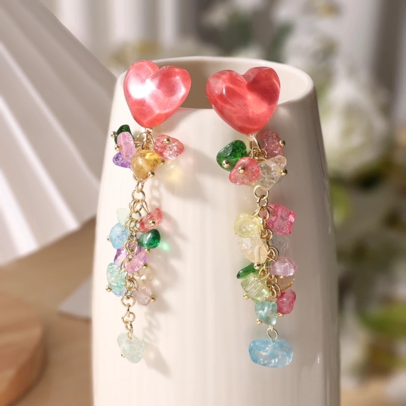 Temperamen Manis Merah Muda Cinta Kristal Rumbai Menjuntai Anting-Anting Wanita Kristal Menjuntai Anting-Anting Tren Berkilau Drop Anting-Anting Pernikahan Kait Telinga Perhiasan Wanita Fashion Perhiasan Elegan