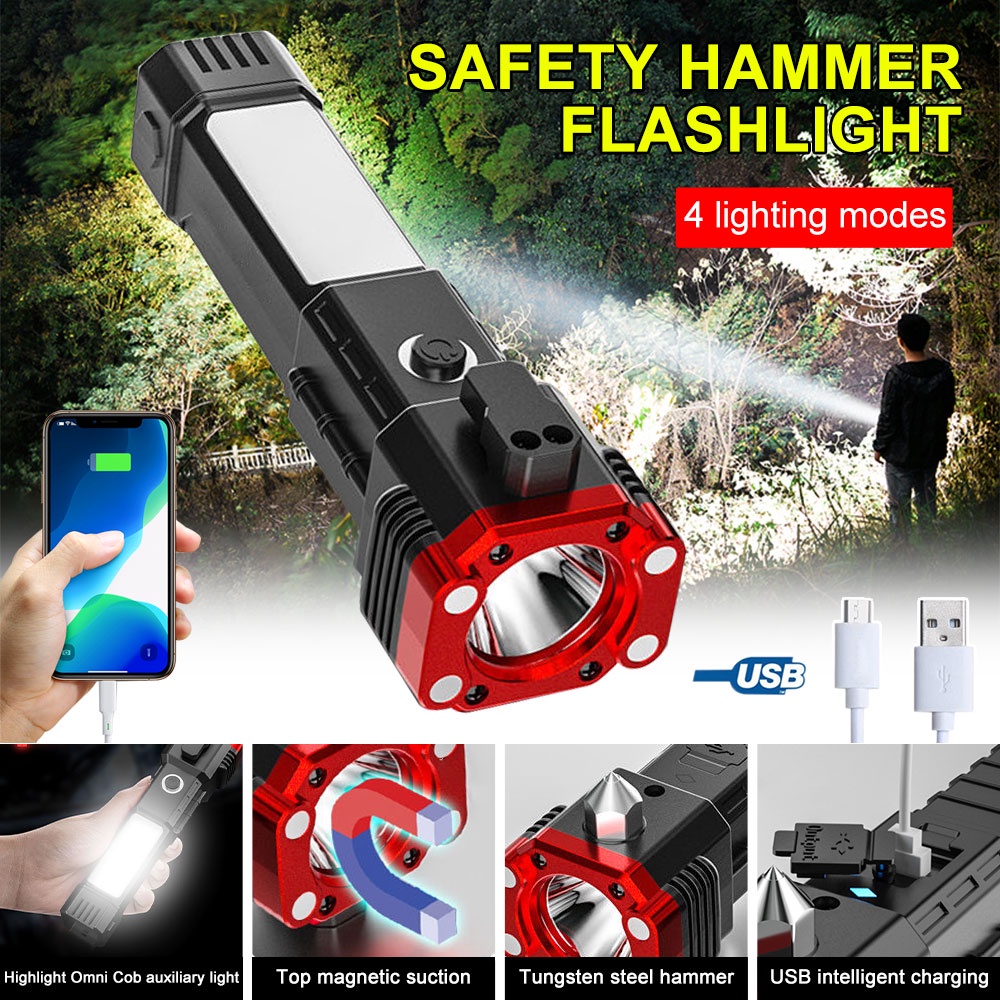 Flashlight Safety Hammer Senter 4 Mode Palu Keamanan