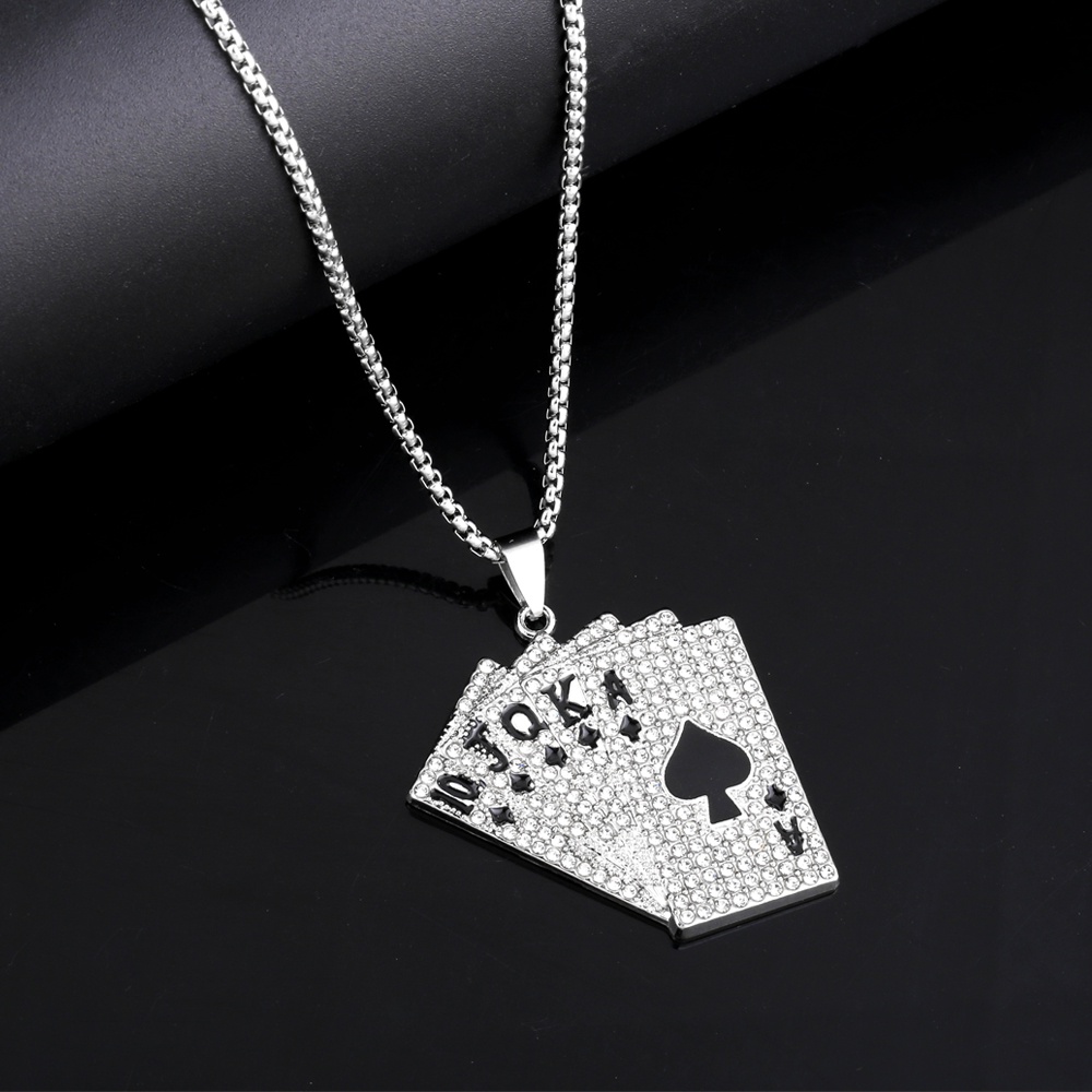 Pria Retro Warna Perak Poker Beruntung Ace of Spades Kalung Baja Titanium Panjang Punk Kalung Pernyataan Perhiasan