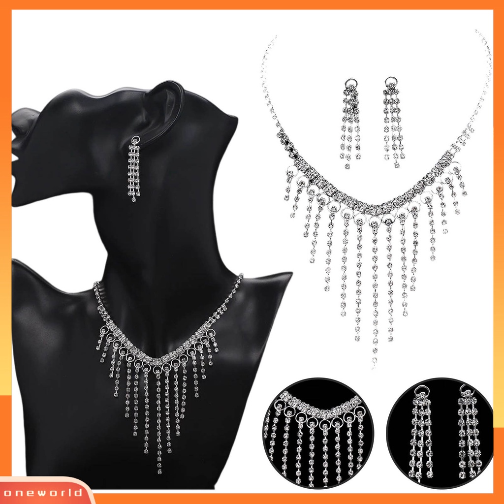 [ONE] 1set Anting Rumbai Berlian Imitasi Bertatahkan Temperamen Pengerjaan Indah Pengerjaan Tinggi Gloss Rumbai Dekorasi Shinyny Makan Berat Wanita Perhiasan Kalung Pernikahan Aksesori