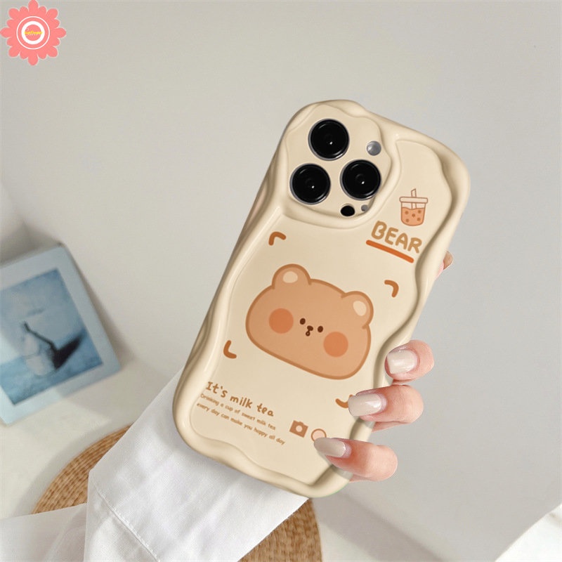 Casing Untuk Realme C53 C25 C15 C55 C30 C20 C11 C25Y C21 C35 C12 C33 C21Y C31 C25s 5 9i 7i 5i 6i 5s C17 C3 C20A C3 C1 Kartun Lucu Milk Tea Bear Lembut 3D Bergelombang Lengkung Tepi Tpu Sarung