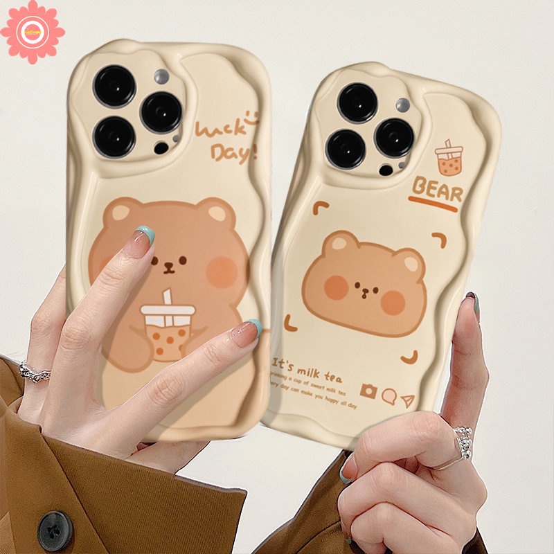 Casing Untuk Realme C53 C25 C15 C55 C30 C20 C11 C25Y C21 C35 C12 C33 C21Y C31 C25s 5 9i 7i 5i 6i 5s C17 C3 C20A C3 C1 Kartun Lucu Milk Tea Bear Lembut 3D Bergelombang Lengkung Tepi Tpu Sarung