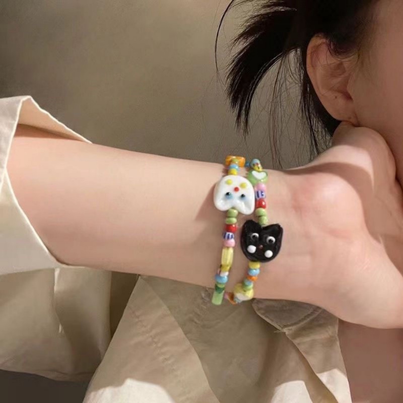 Ahellogirl Asli Kartun Warna-Warni Bunga Manik-Manik Lucu Hitam Dan Putih Kucing Childlike Gelang Niche Desain Pacar Pasangan Perhiasan