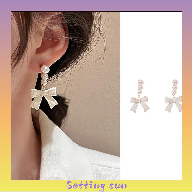 Anting S925 Simpul Busur Mutiara Perak Off-white Desain Anting Rasa untuk Wanita  TN