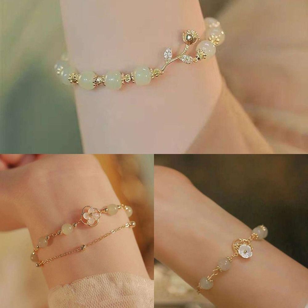 Mxbeauty Gelang Giok Imitasi Elegan Serbaguna Hadiah Gadis Indah Manik-Manik Mawar Sederhana Double-layer Wanita Tangan Rantai