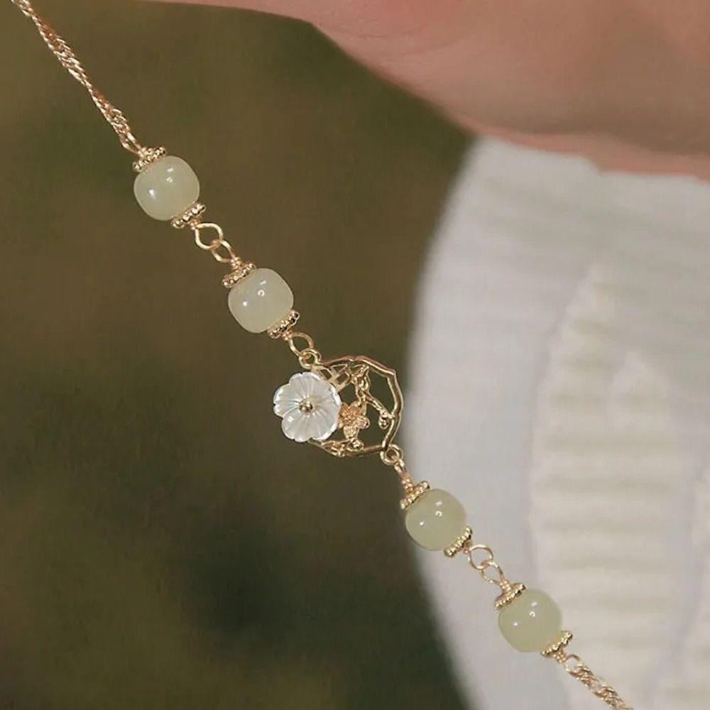 Mxbeauty Gelang Giok Imitasi Elegan Serbaguna Hadiah Gadis Indah Manik-Manik Mawar Sederhana Double-layer Wanita Tangan Rantai