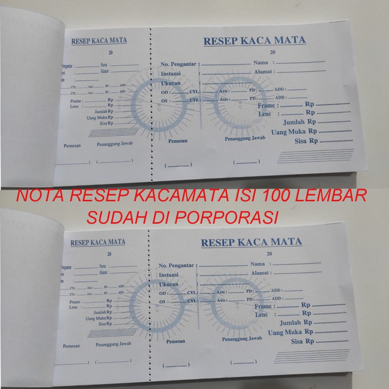 Nota RESEP Pembelian Kacamata Plus Minus Cylinder Frame isi 100 Lembar Kwitansi