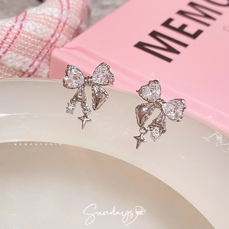 Ay(cn) Anting Zirkon Busur Hati Elegan Untuk Wanita Kristal Perak Stud Earring Perhiasan Aksesoris