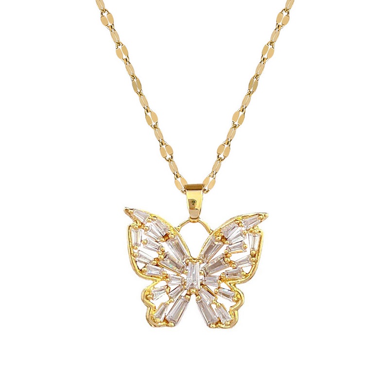 Xiaoboacc Kalung Rantai Klavikula Kupu-Kupu Titanium Steel Full Berlian Fashion Untuk Wanita