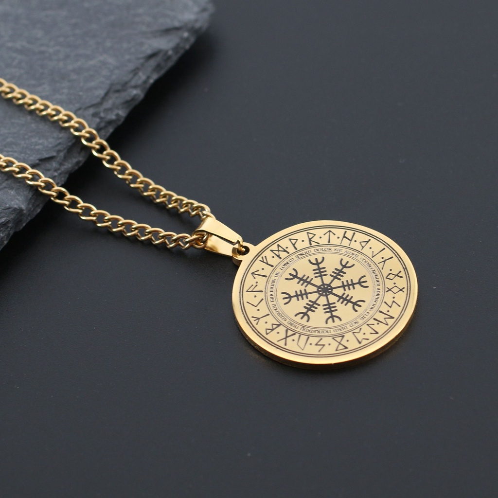 [Kalung X C] New Gold &amp; Silver Hip-hop Punk Retro Odin Rune Circle ​Tpendant Kalung Anti Karat Untuk Perhiasan Hadiah Liburan Pria Dan Wanita