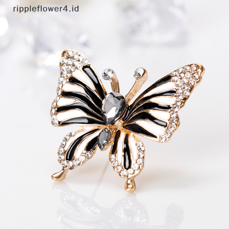 {rippleflower4.id} Fashion Hitam Kupu-Kupu Bros Kupu-Kupu Kristal Bros Aksesoris Elegan Pin~