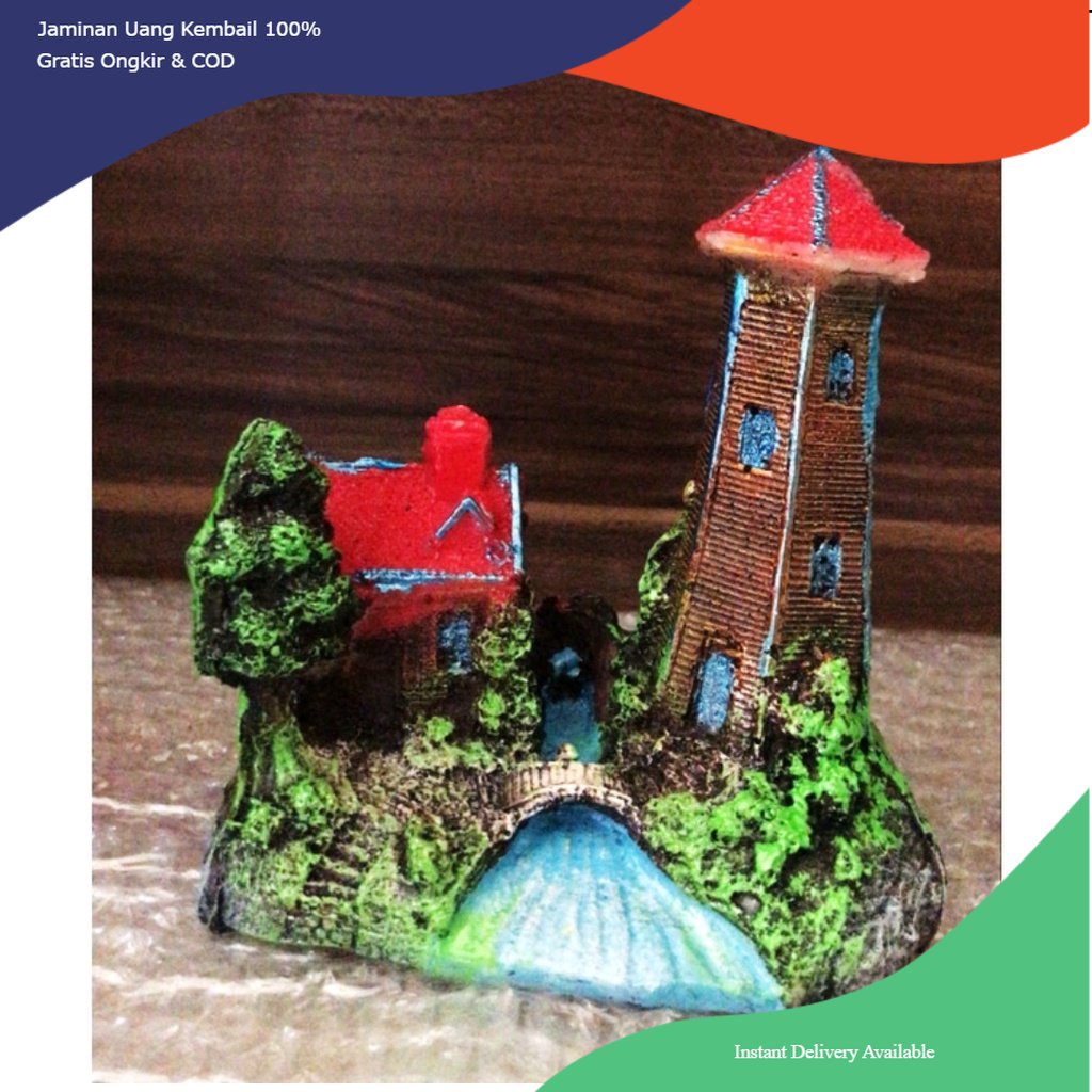 hiasan aquarium fiber rumah menara, hiasan aquarium rumah menara, dekorasi aquarium rumah menara, de