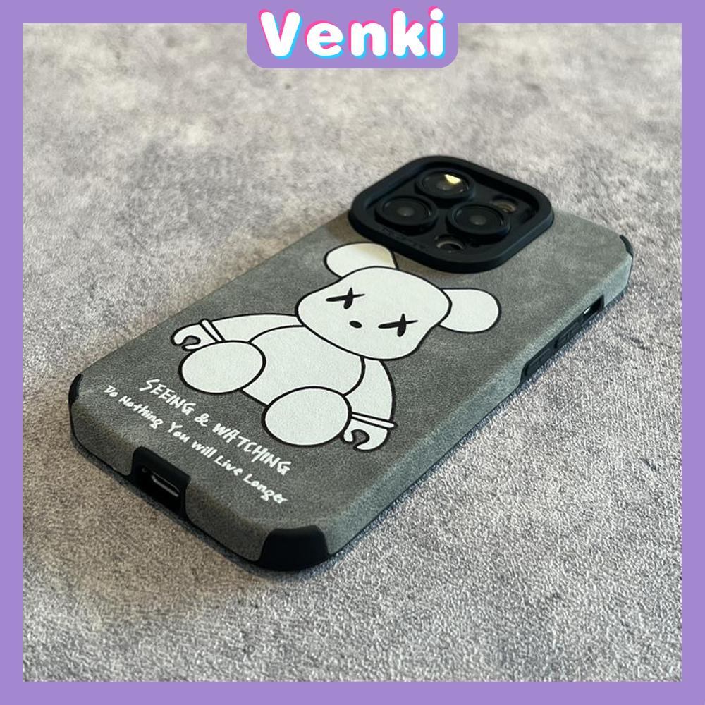 VENKI - Untuk iPhone 11 Case Kulit Kulit Murid Mata Suede Ponsel Case Lembut Tahan Guncangan Airbag Case Protection Camera Simple Bear Kompatibel iPhone 14 13 Pro max 12 xr xs 7 8Plus