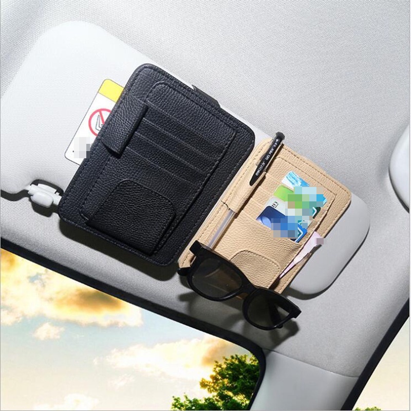 2pc/universal Car Leather Auto Car Sun Visor Organizer Pouch Bag Tas Penyimpanan Kartu Kacamata Pulpen Sim Holder Klip Tissue Dengan Kotak Car Interior Accessorie