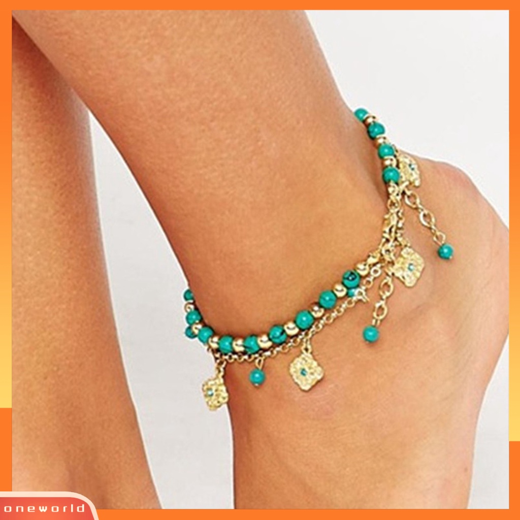 [WOD] 2pcs /Set Gelang Kaki Kristal Imitasi Adjustable Alloy Bohemian Faux Turquoise Bead Gelang Kaki Pantai Untuk Pantai