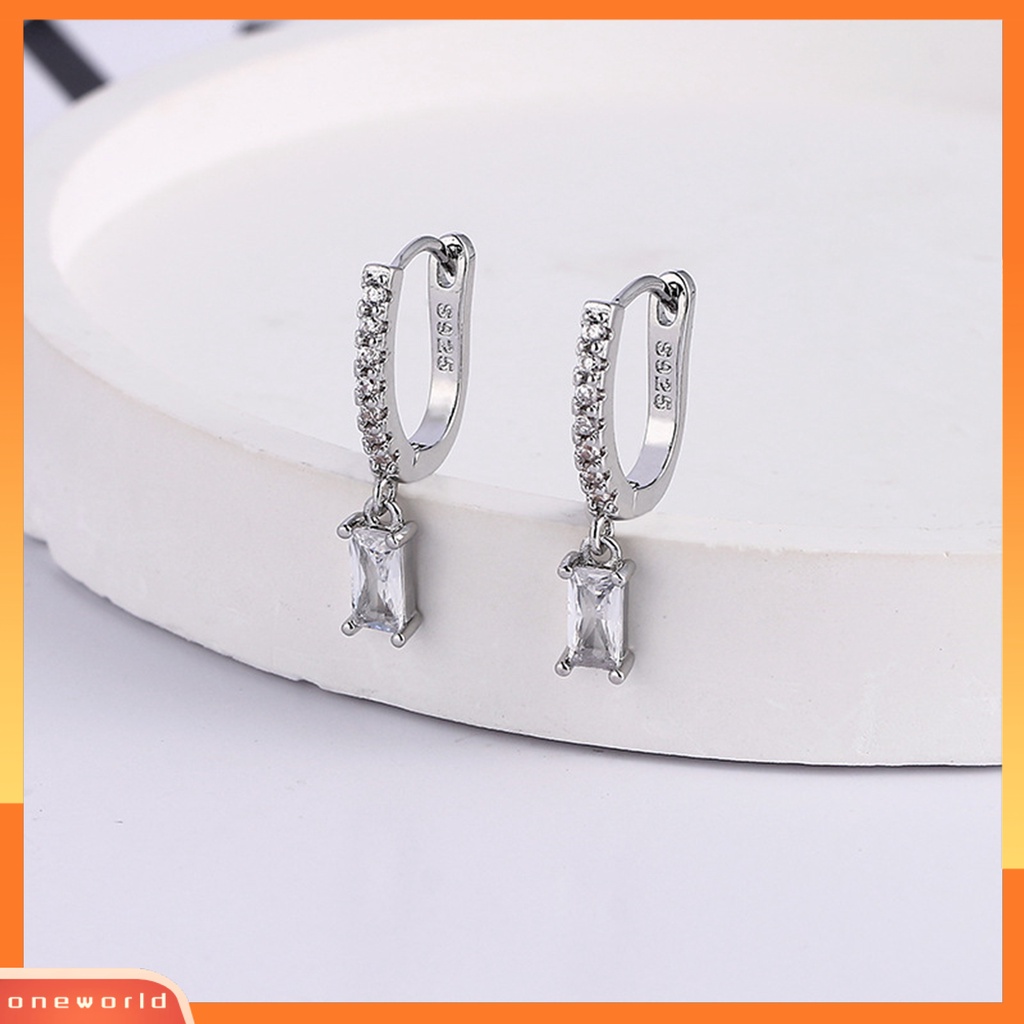 [WOD] 1pc Wanita Anting U Bentuk Cubic Zirconia Inlay Pendant Ear Button Tembaga Menjuntai Earring Perhiasan Hadiah Ulang Tahun