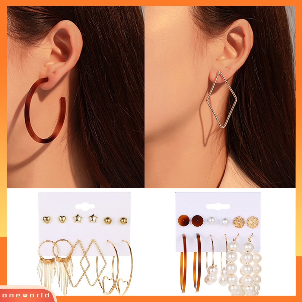 [WOD] 6pasang Wanita Mutiara Imitasi Bulat Geometris Menjuntai Ear Stud Hoop Earrings Jewelry